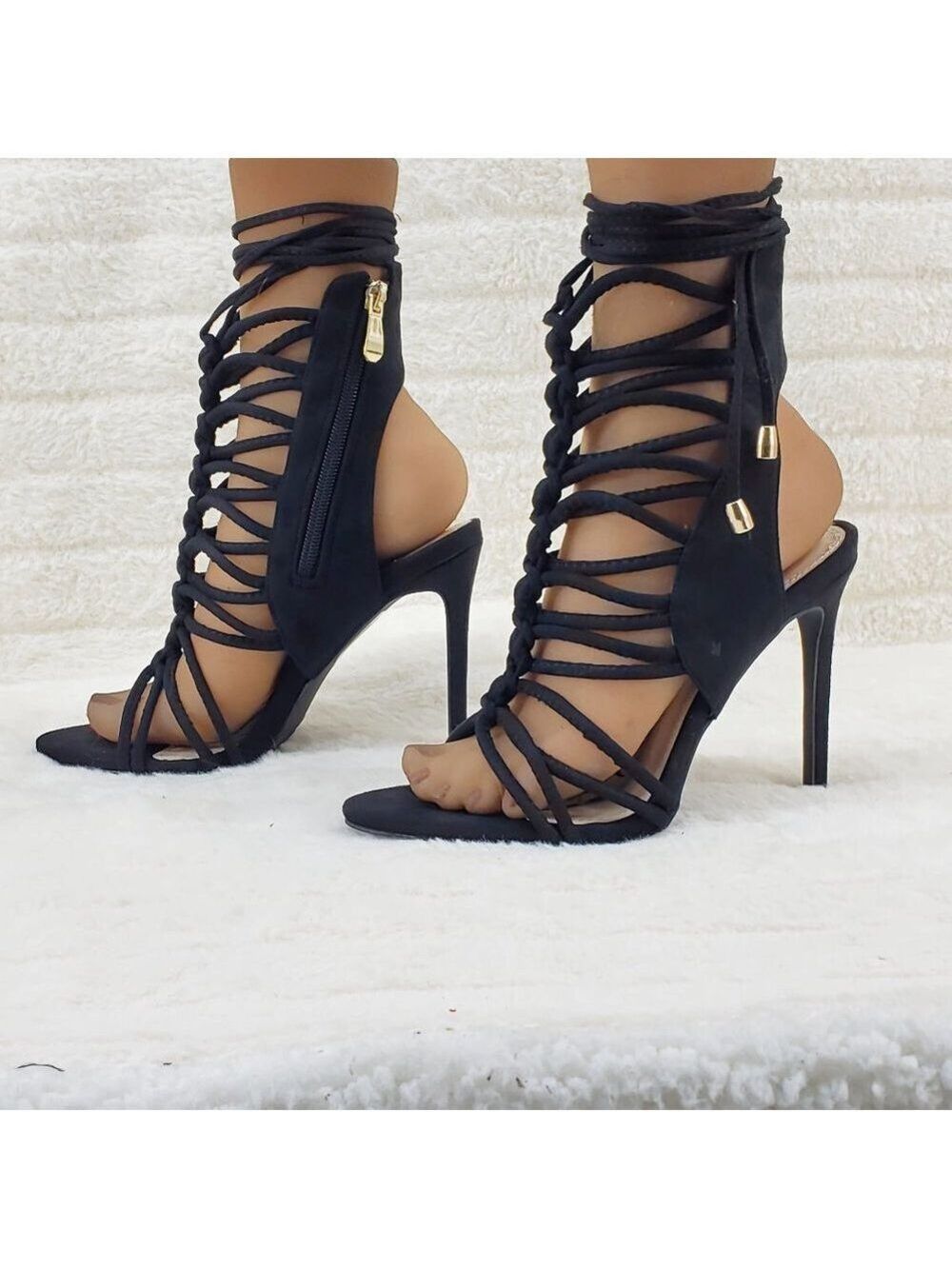 Sexy Black Strappy Tie Up 4.5" High Heel Shoes